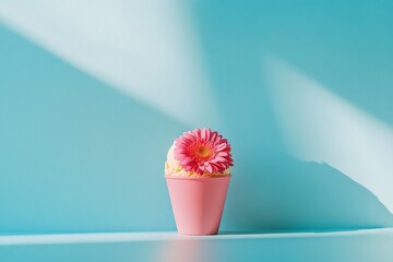Aufkleber - Colorful ice cream in a pink cup with a flower on top against a bright blue background