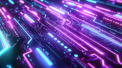 Wall Mural - neon-colored background adorned with radiant, futuristic tech shapes and an abstract digital appeara