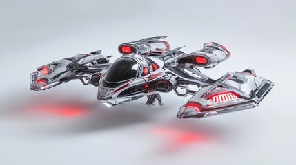 Wall Mural - a space ship with a futuristic design, featuring red and orange lights along its sides, is soaring t