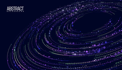 Visualization of big data with circular particles forming vortex trails. Futuristic design for science or finance infographics. Complex visual background with flowing abstract data