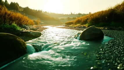 Fototapete - A river with a rock in it. The water is clear. The sun is shining on the water