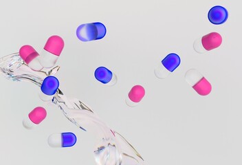 Poster - Pink and blue capsules float above a swirling, liquid-like background in a vibrant 3D illustration, creating a dynamic and modern visual with an abstract and futuristic feel.