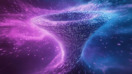 Wall Mural - A funnel in which data and lines and numbers are falling in, making it look like a tornado or black hole sort of, minimalistic, futursitic feel showing glowing lines, purple and blue background, 8k re