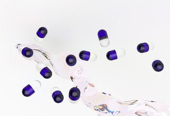 Poster - Blue and white capsules float in mid-air against a swirled, liquid-like background, creating a dynamic and fluid 3D illustration with a modern, abstract feel.