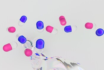 Poster - Pink and blue capsules float above a swirling, liquid-like background in a vibrant 3D illustration, creating a dynamic and modern visual with an abstract and futuristic feel.