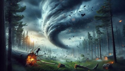 Wall Mural - a sudden and violent windstorm uprooting trees and sending debri