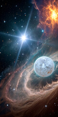 Wall Mural - a bright star illuminates an icy planet, wrapped in misty swirls and stardust.