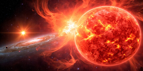 Wall Mural - a red star erupts with a flare toward a planet hovering near a spiral galaxy.