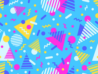 Wall Mural - Geometric seamless pattern with memphis elements in 80s style. Colorful geometric pattern. Design of promotional products, wrapping paper and printing. Vector illustration