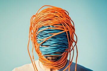 Wall Mural - A person is depicted with orange and blue wires wrapped around their head and neck in a futuristic cyberspace concept