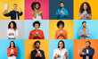 © Prostock-studio - A vibrant collage features diverse individuals, including men and women of various backgrounds, each using mobile devices while expressing different emotions.