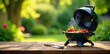 © sirilak - Summer time in backyard garden with a grill BBQ and wooden table on a blurred background,  barbecue,  BBQ