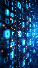 a blue digital cyberspace and money icon is depicted with program code and an element icon levitatin