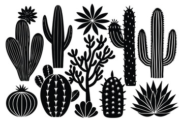 Cactus silhouettes set isolated flat vector illustration on white background.