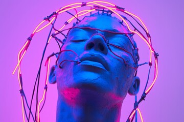 Wall Mural - Stock image depicting a man with a futuristic headset that features neural connections