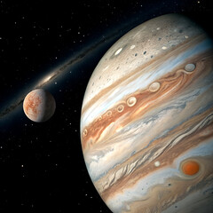 Wall Mural - jupiter with its signature bands and great red spot, accompanied by a moon. a stellar backdrop highl