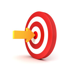 Poster - Focus yellow arrow aiming or pointing to the center of goal target or dart board isolated on white background minimal business creative idea concepts 3D rendering