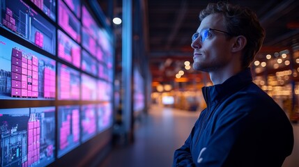 Poster - A logistics expert observes digital screens displaying inventory data and sorting information in a modern warehouse distribution center at night.