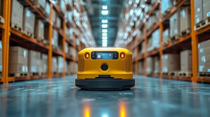 Poster - A robotic device navigates through an expansive warehouse filled with shelves of neatly stacked boxes, optimizing sorting and fulfillment processes.
