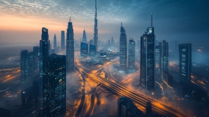 Fototapete - A sprawling futuristic cityscape with towering skyscrapers, a winding highway disappearing into the distance