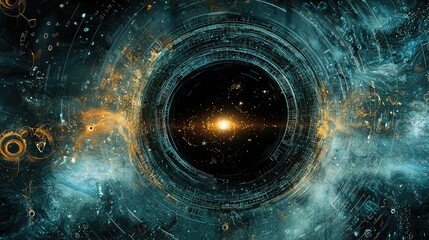 Wall Mural - black hole surrounded by floating sacred numbers and fractals.