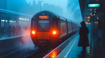 Poster - A highspeed railway train pulls into a misty urban station as a lone waiting passenger stands on the platform, enveloped in the early morning fog and soft light.