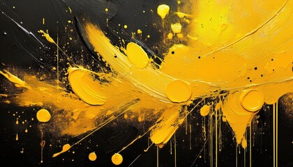 Aufkleber - vivid yellow and black abstract expressionism with dynamic paint splashes, fluid drips, and textured contrast for modern decor

