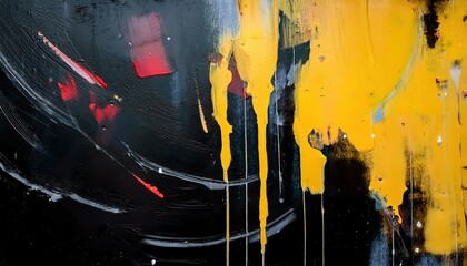Aufkleber - dripping yellow and red abstract expressionist painting with textured black background, bold brush strokes, and dynamic contrast

