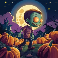 cartoon illustration of a cute green zombie walking in a pumpkin patch at night, with a halloween ba