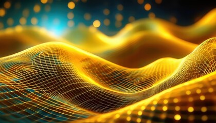 Leinwandbilder - golden wave mesh landscape in digital art for tech branding, glowing futuristic design with 3d graphic depth