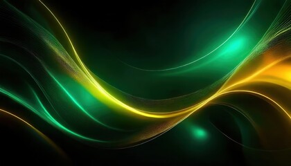 Poster - vibrant green and yellow abstract wave with fluid light streaks on a dark background, perfect for digital art or web design

