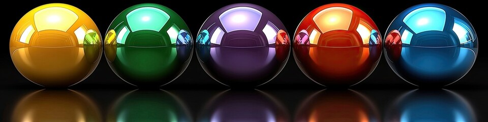 Wall Mural - five colorful metallic spheres reflecting in the dark surface