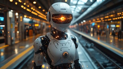 Leinwandbilder - A robotic assistant stands at a transportation hub, actively monitoring the area for security and efficiency. Its advanced sensors focus on logistics and passenger flow during busy hours.