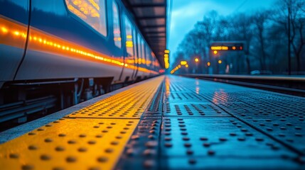 Fototapete - Smooth pavement reflects lights from an approaching train at a railway platform. Automated systems enhance mobility and ensure rigorous security and monitoring at this transport hub.