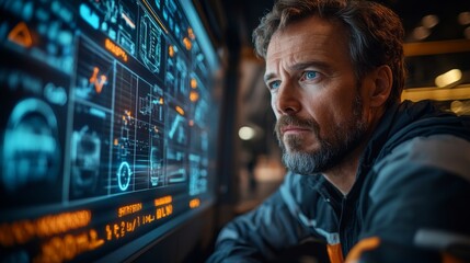 Fototapete - A worker focuses intently on a digital screen displaying logistics data, facilitating efficient inventory management and shipping operations in a high tech warehouse.