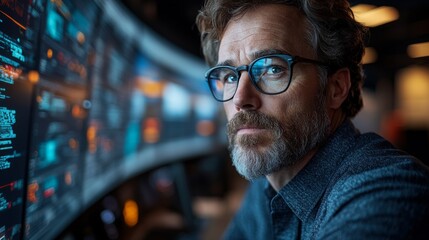 Poster - A focused individual monitors digital displays in a logistics hub, overseeing inventory management and distribution processes in an efficient warehouse environment.