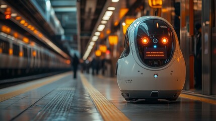 Leinwandbilder - A robotic assistant monitors passenger flow at a busy transportation hub. Its sensors display information while it stands near the platform, ensuring security during peak travel times.