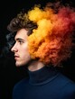 © Leo Rohmann - Man with vibrant explosion of colored powder around head representing abstract emotion and expressive mindset in artistic wellness mental health symbolism stock concept