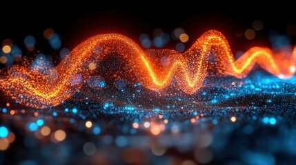 Abstract digital orange and blue wave design with bokeh background