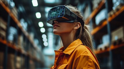 Poster - A woman in an orange work uniform is immersed in a virtual reality experience within a large warehouse, surrounded by shelves filled with boxes. The setting highlights innovative logistics solutions.