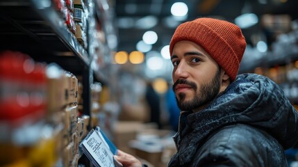 Poster - A worker inspects and organizes various items on shelves in a bustling warehouse filled with products. The atmosphere is vibrant with active logistics.