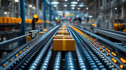 Poster - Rows of brightly colored boxes move along a conveyor belt in a busy warehouse, showcasing the sorting and fulfillment operations essential to logistics and distribution.