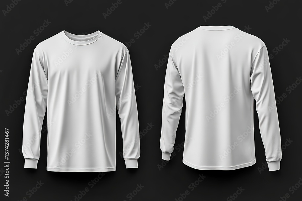 White long sleeve mock up, front and back view, long sleeve t shirt mockup template black background, Full HD, 8k Resolution