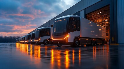 Poster - Electric trucks are lined up outside a logistics warehouse as the sun sets, preparing for freight loading. The bright lights illuminate the wet surface, enhancing the evening atmosphere.