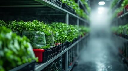 Poster - A cold storage facility displays meticulously organized shelves filled with fresh greens. The environment is climate controlled, ensuring the freshness of perishable products.