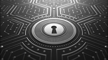 Leinwandbilder - A close-up view of a digital lock design featuring intricate circuit patterns and a central keyhole, emphasizing security technology.