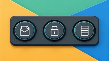 Leinwandbilder - A modern interface with three circular buttons for email, security, and file management against a colorful background.