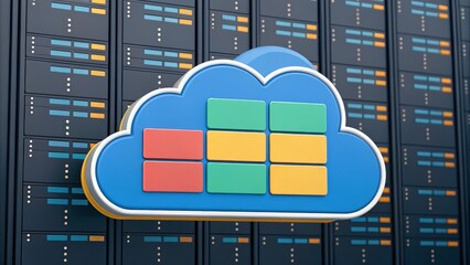 Leinwandbilder - A colorful cloud icon with blocks against a backdrop of server racks, symbolizing cloud storage and digital technology.