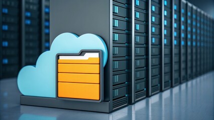 Aufkleber - A modern data storage setup featuring a cloud symbol and multiple server racks, emphasizing technology and cloud computing.