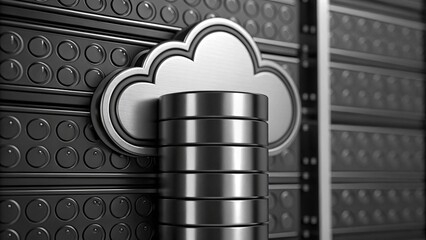 Leinwandbilder - A stylized cloud symbol with stacked metallic disks against a textured, dark background, representing cloud storage or technology.